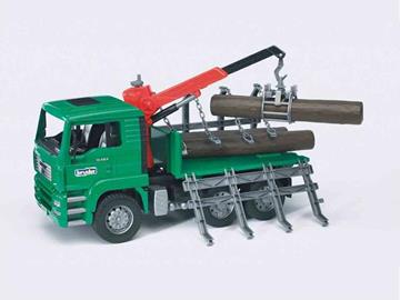 Imagen de Bruder Man camión miniatura de transporte con grúa y 3 troncos