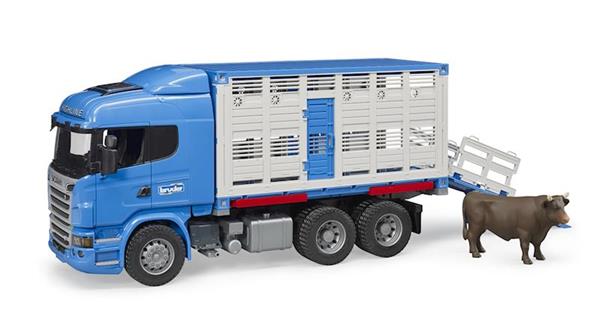 Imagen de Camion transporte de ganado con buey Scania azul Bruder