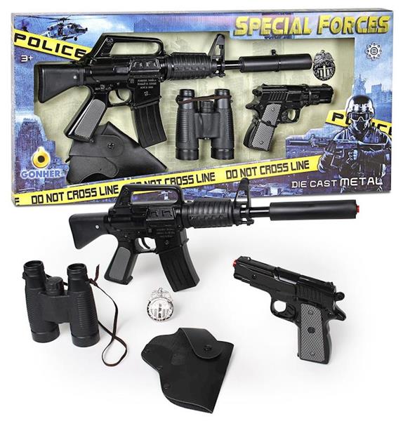Imagen de Conjunto policia rifle asalto 8 tiros y pistola con accesorios Gonher