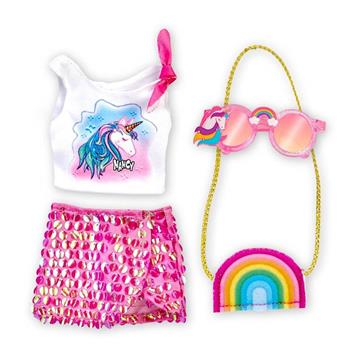 Imagen de Ropa Nancy un día con look de unicornio. Incluye camiseta unicornio,falda de purpurina fucsia, bolso y gafas reflectantes.