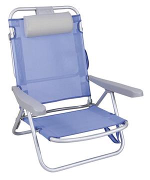Imagen de Silla playa aluminio multiposicion azul con reposacabezas 25 cm., almohadilla y reposabrazos gris,  80x65x45cm, 25 cm altura asiento