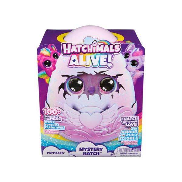 Imagen de Peluche Hatchimals Alive Secret Hatch Pufficorn. Son criaturas mágicas que necesitan tu amor y cuidado para salir del cascarón. 25,4x20,02x20,02 cm