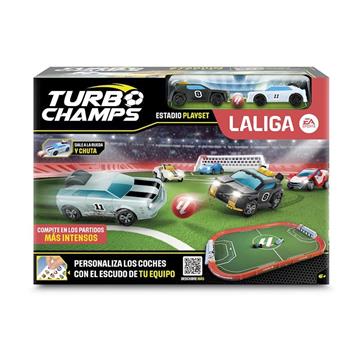 Imagen de Estadio Turbo Champs La liga con 2 porterías con marcador de puntos, barreras y pegatinas ¡dale a la rueda y chuta! incluye 2 coches especiales