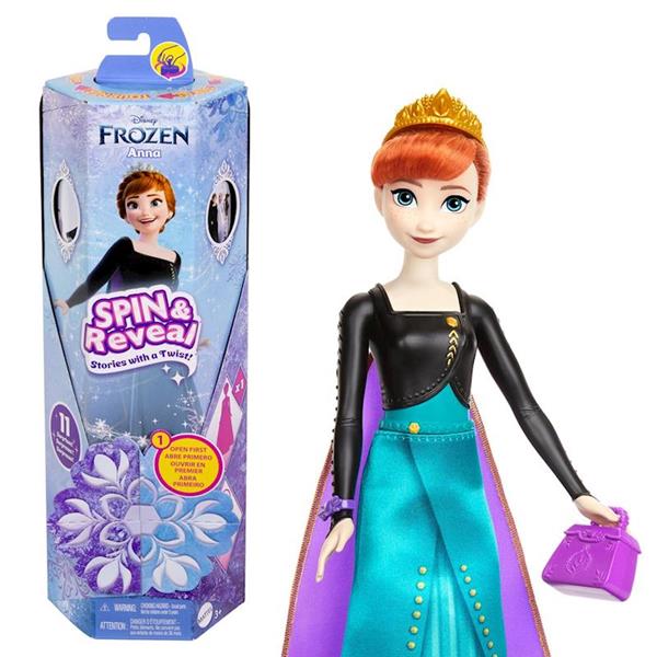 Imagen de Muñeca Frozen Anna Spin And Reveal.Incluye 11 sorpresas 5 accesorios y 5 pegatinas con una escena de juego inspirada en la pelicula.