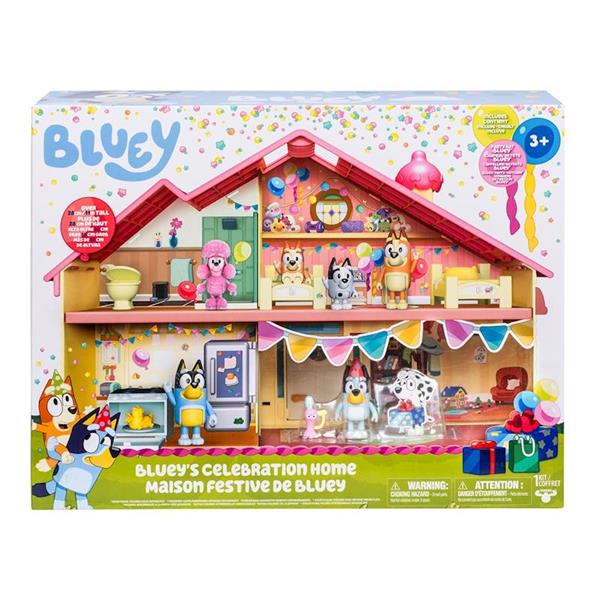 Imagen de Casa celebracion de Bluey.Incluye once piezas, una figura de Bluey festivo y pegatinas para decorar la casa.