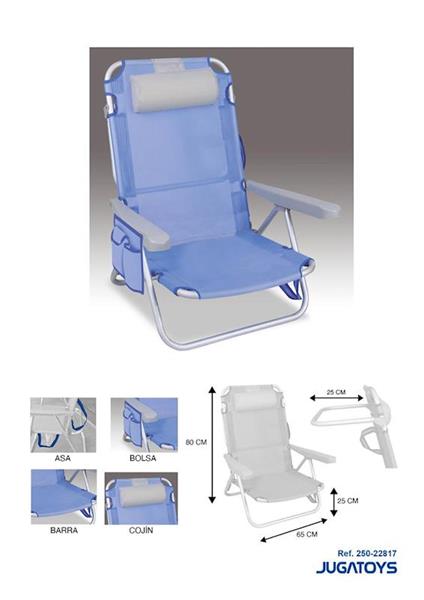 Imagen de Silla playa aluminio multiposicion azul con reposacabezas 25 cm., almohadilla, bolso lateral y reposabrazos gris,  80x65x45cm, 25 cm altura asiento