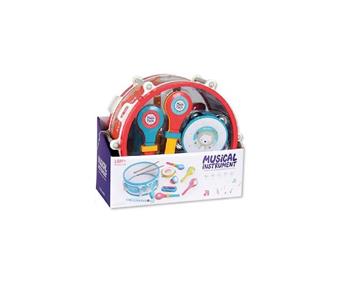 Imagen de Conjunto de instrumentos musicales, tambor, padereta, maracas, flauta y armónica 24cm diámetro