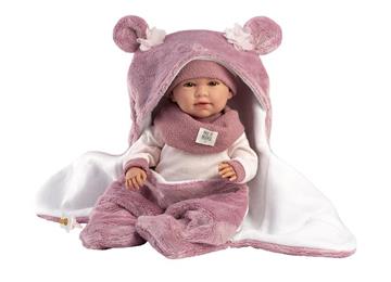 Imagen de Muñeca Mimi Llorona con saquito Fucxia 42cm, cuerpo de tela y mecanismo de sonido