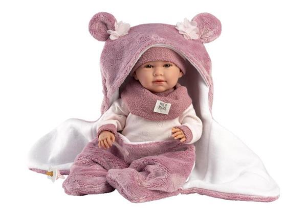 Imagen de Muñeca Mimi Llorona con saquito Fucxia 42cm, cuerpo de tela y mecanismo de sonido