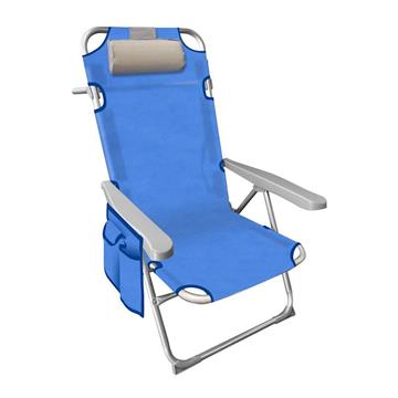 Imagen de Silla playa aluminio multiposicion azul con reposacabezas 38 cm, almohadilla, bolso lateral, asas para transportar y reposabrazos gris, 88x61x105cm (480gr)
