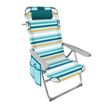 Imagen de Silla playa aluminio multiposicion rayada con reposacabezas 38 cm., almohadilla, bolso lateral y asas para transportar, 88x61x105cm (480gr)