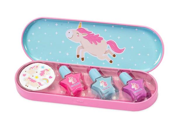 Imagen de Estuche Martinelia Little Unicornio. Incluye 3 esmaltes de Uñas, pegatinas y caja de hojalata. 14x19x13,5 cm