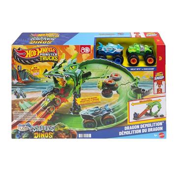 Imagen de Pista Hot Wheels Monster Trucks Sharks vs Dinos Dragon Destruction. Incluye 2 coches. 53,34x60x35,56 cm