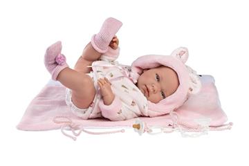 Imagen de Muñeca Reborn Ojos Azules Traje Rosa, Chupete y Manta Suave 40 cm