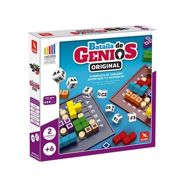 Imagen de Juego Batalla de Genios Original. ¿Quién ganará la batalla de genios? 18 piezas de madera, 14 piezas bloqueadoras 7 dados, 2 tableros y reglas de juego.