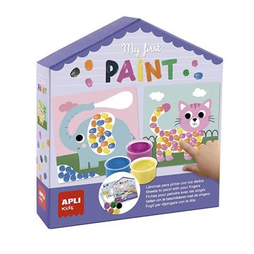 Imagen de Mi primer juego de pintura. Rellena las ilustraciones con tus huellas. 6 laminas y 6 botes de pintura de dedos. 21x5,5x23,3 cm