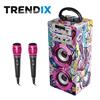 Imagen de Karaoke incluye 2 micrófonos Equipado con un asa, una base para apoyar el móvil, ranuras para memorias USB y Micro SD, Radio FM y Bluetooth