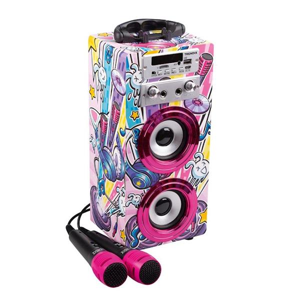 Imagen de Karaoke incluye 2 micrófonos Equipado con un asa, una base para apoyar el móvil, ranuras para memorias USB y Micro SD, Radio FM y Bluetooth