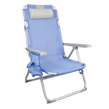 Imagen de Silla playa aluminio multiposicion azul con reposacabezas 38 cm, almohadilla, bolso lateral, asas para transportar y reposabrazos gris, 88x61x105cm (480gr)