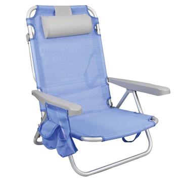 Imagen de Silla playa aluminio multiposicion azul con reposacabezas 25 cm., almohadilla, bolso lateral y reposabrazos gris,  80x65x45cm, 25 cm altura asiento