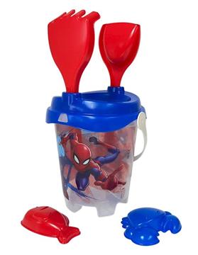 Imagen de Cubo Playa Castillo Spiderman Trasparente Con Cedazo, Pala,Rastrillo y Moldes.