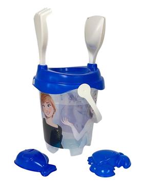Imagen de Cubo Playa Castillo Frozen Trasparente Con Cedazo, Pala,Rastrillo y Moldes.