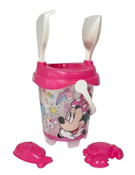 Imagen de Cubo Playa Castillo Minnie  Trasparente Con Cedazo, Pala,Rastrillo y Moldes.