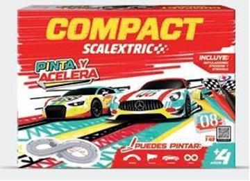 Imagen de Pista Scalextric Compact Pinta y Acelera con 4 rotuladores y pegatinas para decorar. Incluye pistas, curvas, 2 coches, mandos. 2,99 m
