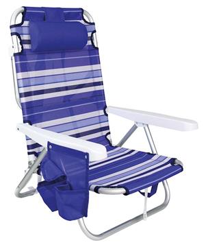 Imagen de Silla playa aluminio multiposicion azul rayada con almohadilla, bolso lateral, asas, 22 cm altura asiento, reposacabezas 25 cm