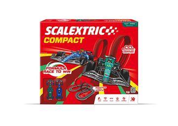 Imagen de Pista Scalextric Compac Fórmula Race to Win. Incluye coches,mando con turbo,vallas,puente,rampa y looping.5,6 metros de pista 114x107 cm
